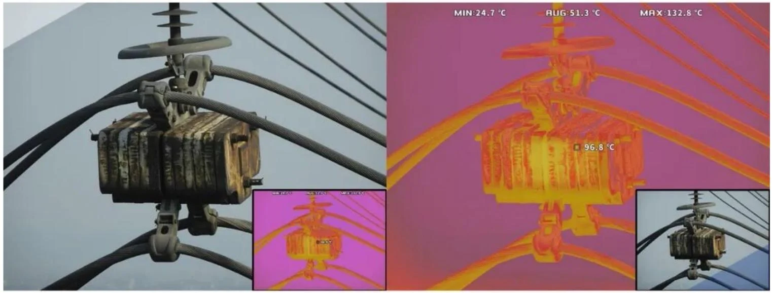 Visible-light and thermal comparison of electrical power line equipment.