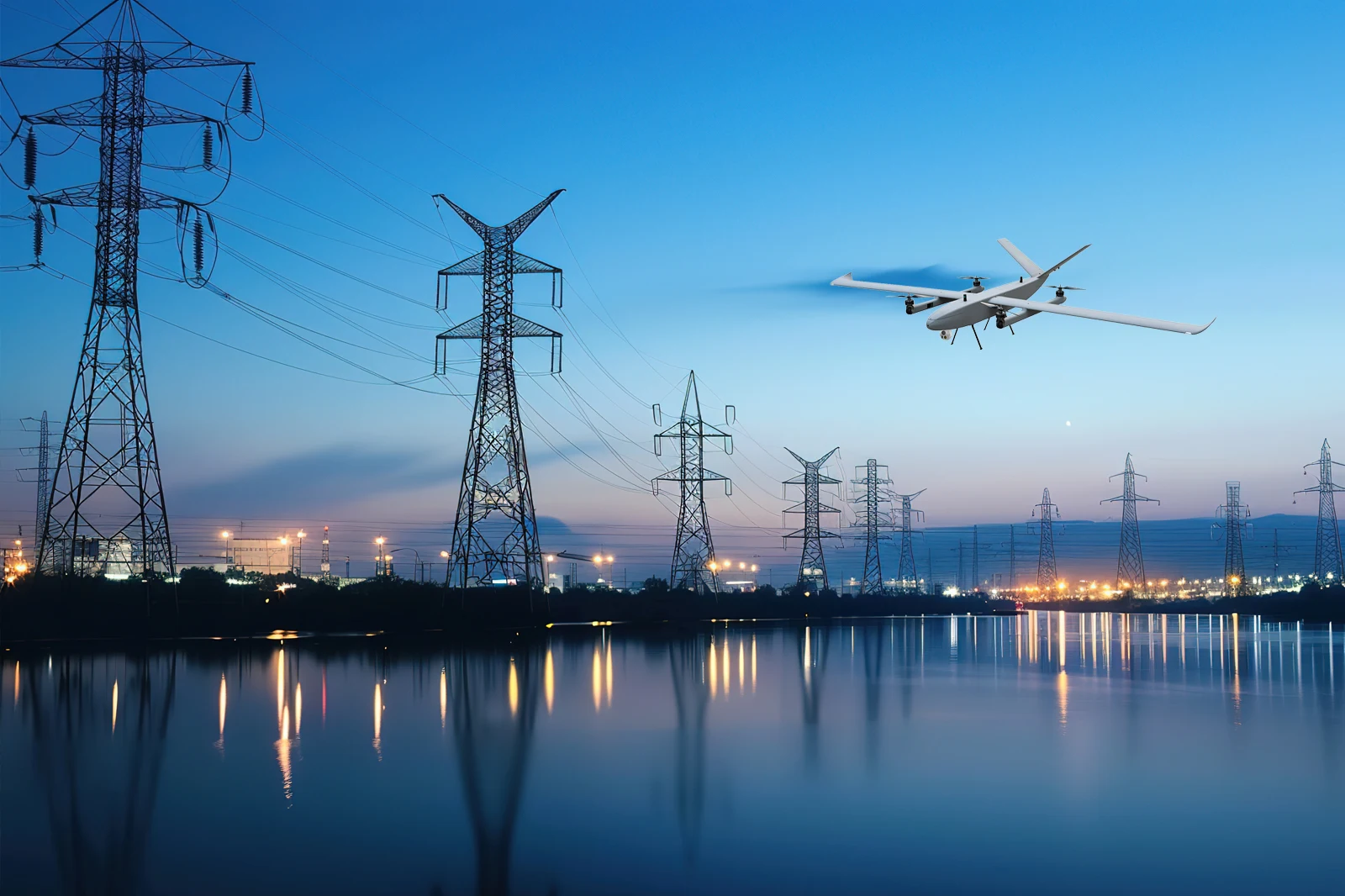 VTOL inspection drone flying beside transmission towers and power lines.