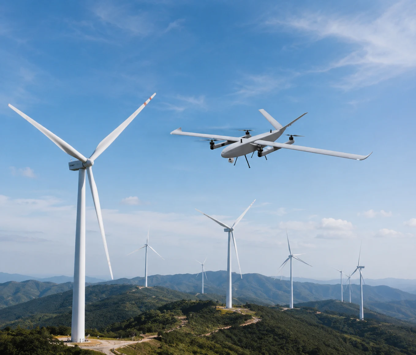 Illustration of a VTOL fixed-wing UAV above a mountainous wind farm.